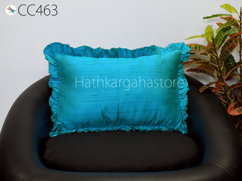 Iridescent Blue Silk Lumbar Throw Pillow Dupioni Silk Frill Silk Pillowcase Cushion Cover Handmade Decorative Home Decor House Warming Gift