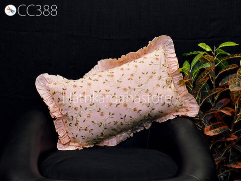 Peach Embroidered Frill Throw Pillow Lumbar Cotton Euro Sham Rectangle 12X26 Cushion Cover Decorative Pillowcase House Warming Gifts 26x26