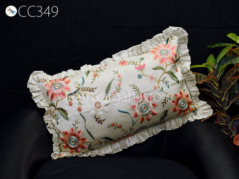 Ivory Embroidered Frill Throw Pillow Dupioni Euro Sham Rectangle 12X26 Cushion Cover Decorative Pillowcase House Warming Gifts Home Decor