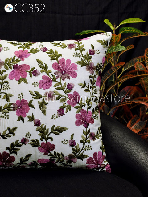 Floral Embroidered Throw Pillow Square Decorative Home Decor Pillow Cover Handmade Embroidery Cushion Cover House Warming Bridal Shower Gift