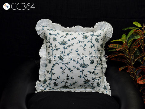 White Embroidered Frill Throw Pillow Cushion Cover Handmade Embroidery Decorative Home Decor Pillowcase House Warming Bridal Shower Wedding