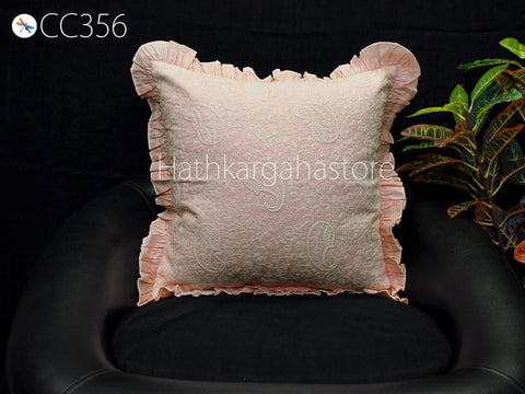 Peachy Pink Embroidered Frill Throw Pillow Cotton Cushion Cover Handmade Embroidery Home Decor Pillowcase