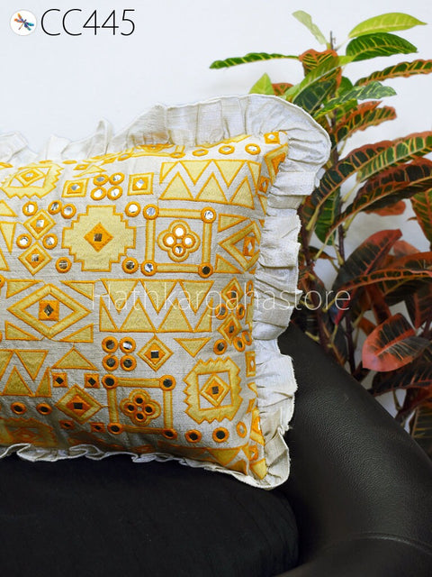 Yellow Embroidered Frill Lumbar Pillow Throw Cushion Cover Embroidered Cushion Cover Handmade Embroidery Throw Pillow