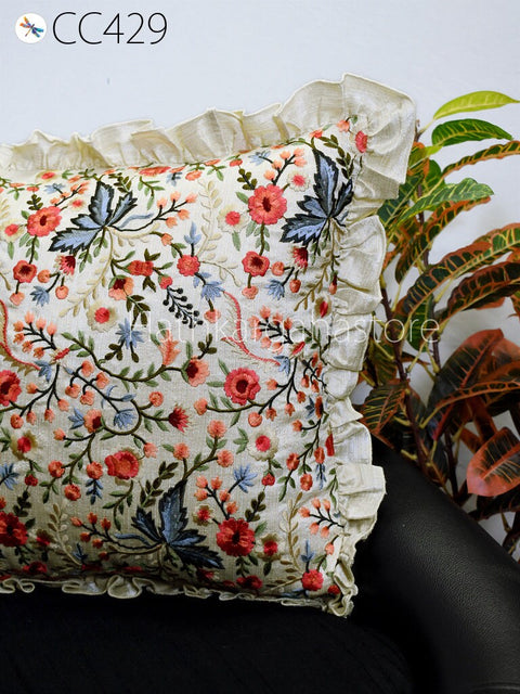 White Embroidered Throw Pillow Square Decorative Home Decor Pillow Cover Handmade Embroidery Cushion Cover