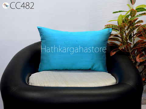 Blue Dupioni Pure Silk Cushion Cover Rectangle Handmade Lumbar Throw Pillow 12x26 Home Decor Silk Pillowcase House Warming Baby Shower Gift