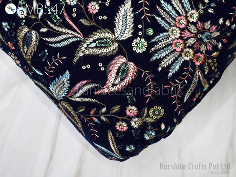 Navy Blue Indian Embroidered Velvet Fabric by the yard Sewing DIY Crafting Wedding Dress Costumes Doll Bags Cushion Covers Table Runner Quilting
