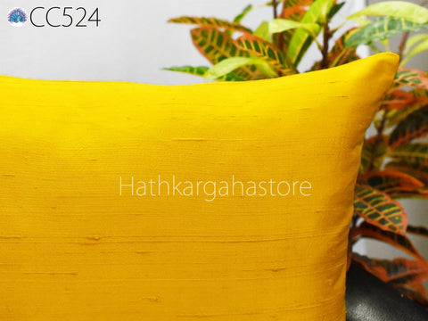 Yellow silk throw pillow cover handmade from pure Dupioni silk