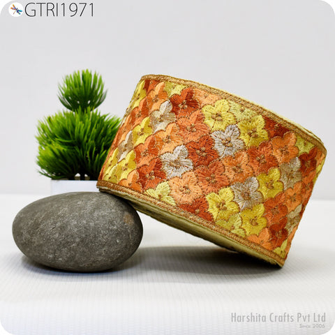 9 Yard Peach Decorative Embroidered 85mm Ribbon Indian Sari Border Fabric Trims Sewing DIY Crafting Ribbon Table Runners Curtain Trimmings