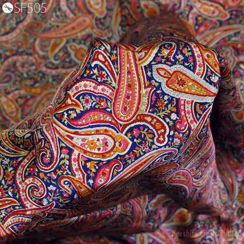 Navy Blue Paisley Soft Pure Printed Silk Indian Fabric by the yard Habotai Silk Flowy Saree Fabric