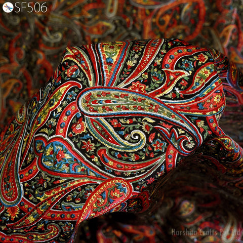 Black Paisley Habotai Silk Flowy Soft Pure Printed Silk Indian Fabric by yard Saree Fabric