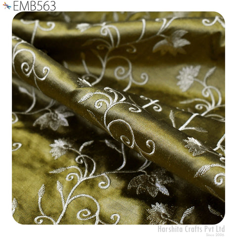 Pure Silk Embroidered Fabric by the yard Sewing Crafting Indian Embroidery Bridal Wedding Dress Costumes Dolls Gift for Mother Wife