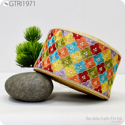 9 Yard Peach Decorative Embroidered 85mm Ribbon Indian Sari Border Fabric Trims Sewing DIY Crafting Ribbon Table Runners Curtain Trimmings