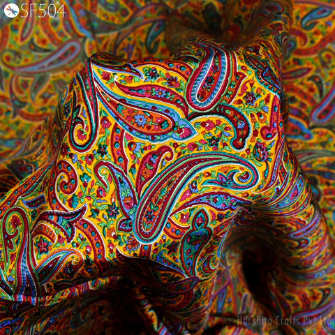 Paisley Soft Pure Printed Silk Indian Fabric by the yard Habotai Silk Flowy Saree Fabric