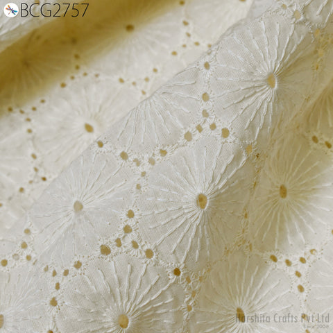 Ivory Eyelet Embroidered Fabric, Dress material, Floral Fabric, Cotton Dress material, Fabric