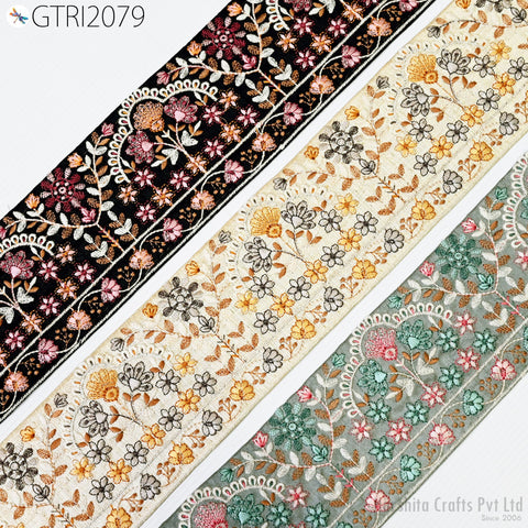 3 Yard Embroidered Fabric 9 CM Trim Indian Embroidery Sari Border Crafting Saree Sewing Decorative Beach Bag Cushions Trimmings Ribbons Tape