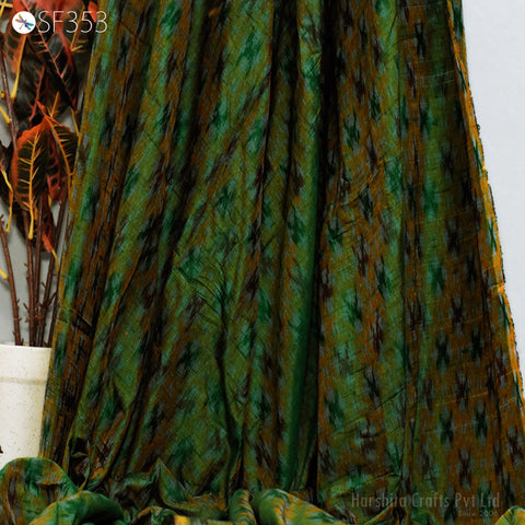 Indian Handwoven Green Pure Dupioni Ikat Silk fabric by the Yard Wedding Bridesmaid Prom Dress Crafting Sewing Cushion Drapery Upholstery