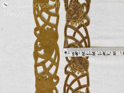 Handcrafted Zardosi Gold Trim by Yard Indian Saree Border Decorative Sari Trimmings Crafting Embellishments Bridal Belt Sash Christmas Dress, 2.5 inches.