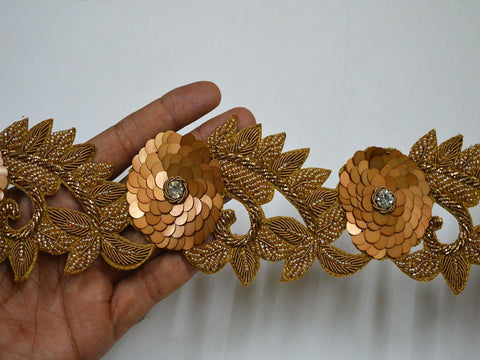 Exclusive Gold Trim By The Yard, Handmade Embroidered Floral Indian Beaded Lace Wedding Dress Tape Bridal Belt Sashes Decor Crafting Border
