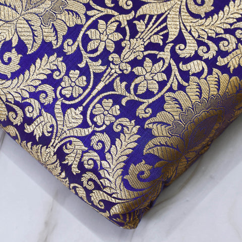 Blue Indian Banarasi Brocade Fabric by the Yard Wedding Dresses Blended Silk Sewing Crafting Costume Home Decor Pillowcases Upholstery