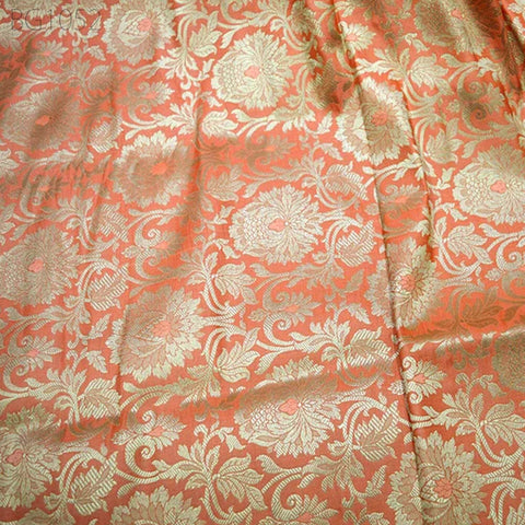 Dark Peach Brocade by the Yard Gold Fabric Banaras Indian Wedding Dress Banarasi Blended Silk For Bridesmaid Lehenga Home decor Brocade