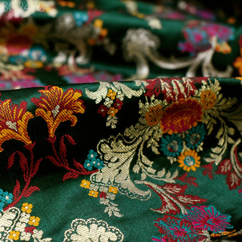 Green Brocade Fabric by the Yard Historic Costume Indian Banarasi Wedding Dress Material Banaras Knee Length Coat Sewing Upholstery Drapery