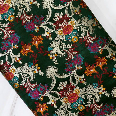 Green Brocade Fabric by the Yard Historic Costume Indian Banarasi Wedding Dress Material Banaras Knee Length Coat Sewing Upholstery Drapery