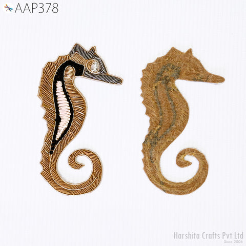 8 Pc Seahorse Appliques, Dresses Patches, Indian Decorative Gold Zardozi Applique, Christmas Home Decor Handmade Patch, Sewing Craft Supply