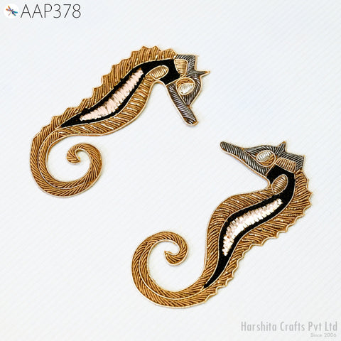 8 Pc Seahorse Appliques, Dresses Patches, Indian Decorative Gold Zardozi Applique, Christmas Home Decor Handmade Patch, Sewing Craft Supply