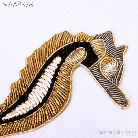 8 Pc Seahorse Appliques, Dresses Patches, Indian Decorative Gold Zardozi Applique, Christmas Home Decor Handmade Patch, Sewing Craft Supply