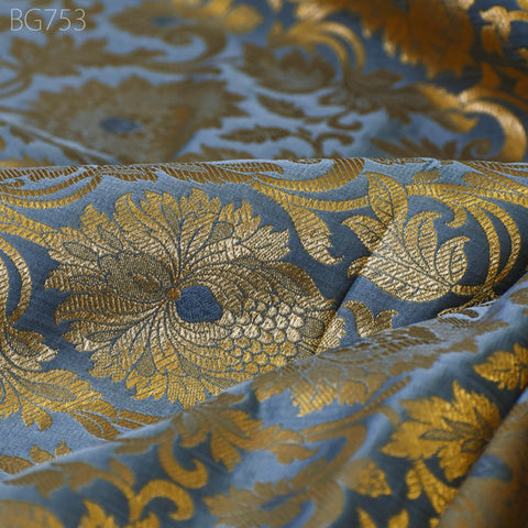 Smoke Grey Brocade by the Yard Indian Fabric Gold Banarasi Dress material for Wedding Dresses Costumes Lehnga Sewing DIY Crafting Curtains
