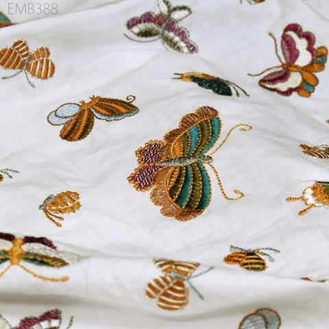Indian Embroidery Butterflies Cotton Fabric by the Yard Sewing Embroidered Summer Dresses Costumes Dolls Bags Cushion Covers Table Runners
