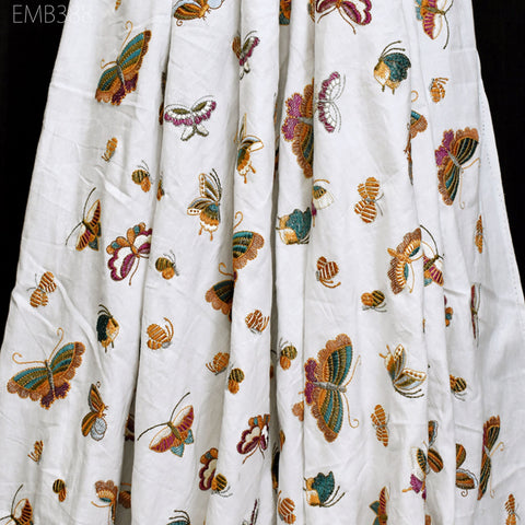 Indian Embroidery Butterflies Cotton Fabric by the Yard Sewing Embroidered Summer Dresses Costumes Dolls Bags Cushion Covers Table Runners