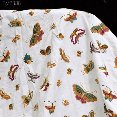 Indian Embroidery Butterflies Cotton Fabric by the Yard Sewing Embroidered Summer Dresses Costumes Dolls Bags Cushion Covers Table Runners