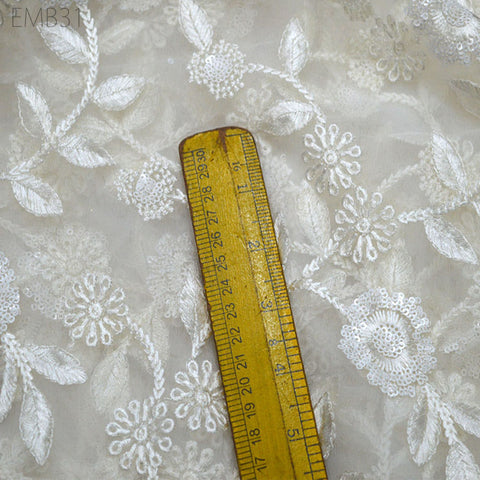 White Tulle Embroidery Fabric by the Yard Bridal Wedding Dress Floral Embroidered Indian fabric Saree DIY Crafting Sewing costumes doll
