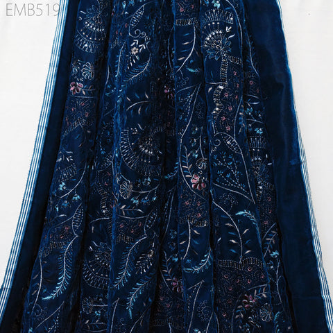 Teal Blue Indian Embroidered Velvet Fabric by the yard Sewing DIY Crafting Wedding Dress Costumes Bags Cushion Covers Table Runner Quilting