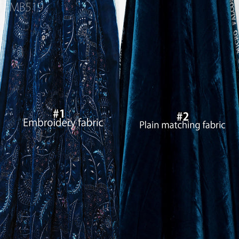Teal Blue Indian Embroidered Velvet Fabric by the yard Sewing DIY Crafting Wedding Dress Costumes Bags Cushion Covers Table Runner Quilting