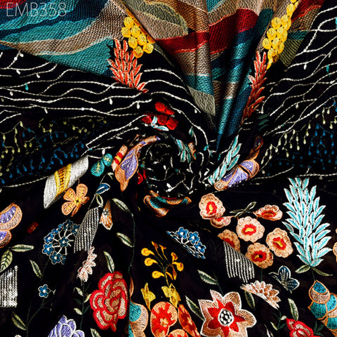 58'' Indian Embroidered Fabric by the Yard Multicolor Georgette Embroidery Sewing Curtain Crafting Women Dresses Material Drapery Home Decor