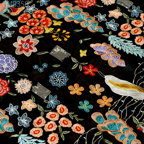 58'' Indian Embroidered Fabric by the Yard Multicolor Georgette Embroidery Sewing Curtain Crafting Women Dresses Material Drapery Home Decor