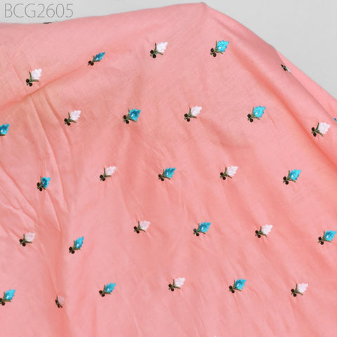 Indian Salmon Embroidered Cotton Fabric by the Yard Embroidery Sewing Nursery Curtain DIY Crafting Summer Kid Women Dress Material Quilting
