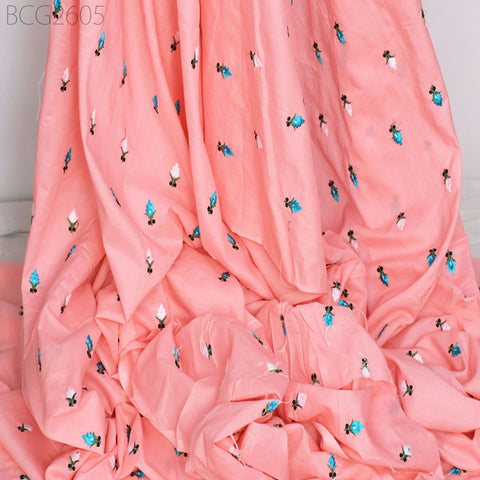 Indian Salmon Embroidered Cotton Fabric by the Yard Embroidery Sewing Nursery Curtain DIY Crafting Summer Kid Women Dress Material Quilting