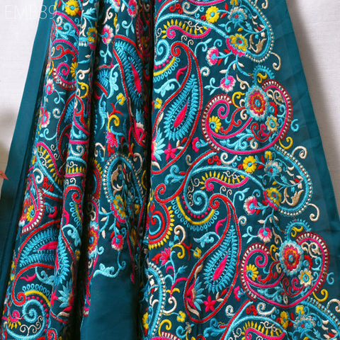 Indian Paisley Embroidered Fabric by the Yard Georgette Embroidery Sewing Curtain Crafting Summer Women Dress Material Drapery Home Decor