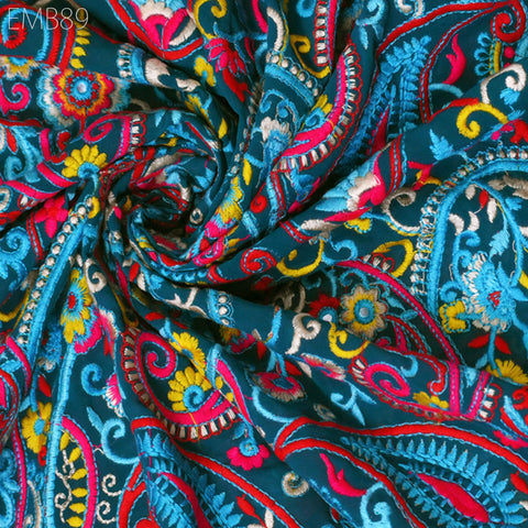 Indian Paisley Embroidered Fabric by the Yard Georgette Embroidery Sewing Curtain Crafting Summer Women Dress Material Drapery Home Decor