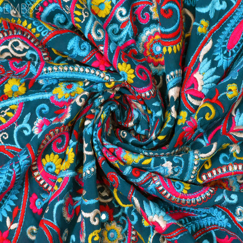 Indian Paisley Embroidered Fabric by the Yard Georgette Embroidery Sewing Curtain Crafting Summer Women Dress Material Drapery Home Decor