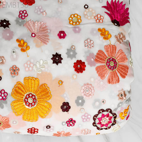 Indian Floral Embroidered Fabric by the Yard Georgette Embroidery Sewing Curtain DIY Crafting Summer Women Dress Material Drapery Home Decor