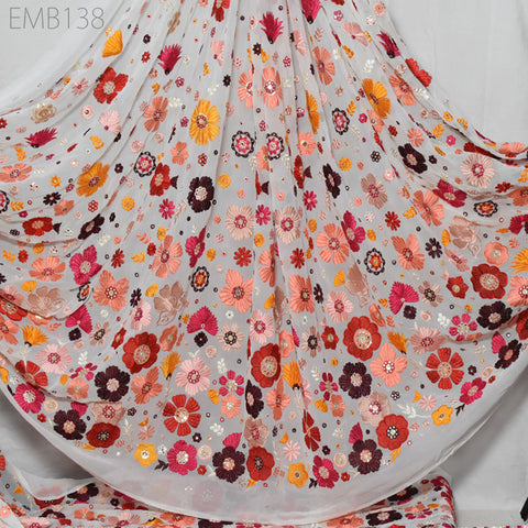 Indian Floral Embroidered Fabric by the Yard Georgette Embroidery Sewing Curtain DIY Crafting Summer Women Dress Material Drapery Home Decor
