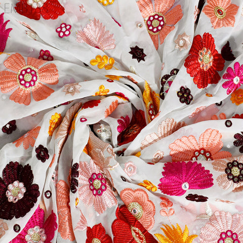 Indian Floral Embroidered Fabric by the Yard Georgette Embroidery Sewing Curtain DIY Crafting Summer Women Dress Material Drapery Home Decor