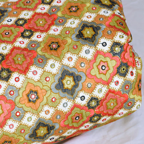 Indian Embroidered Cotton Fabric by the Yard Embroidery Wedding Dress Party Costumes Dolls Bags Cushions Table Runner Sewing DIY Crafting