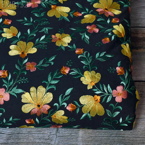 Floral Embroidered Cotton Fabric by the Yard Indian Embroidery Sewing DIY Crafting Women Summer Dresses Costumes Tote Bag Home Decor Curtain