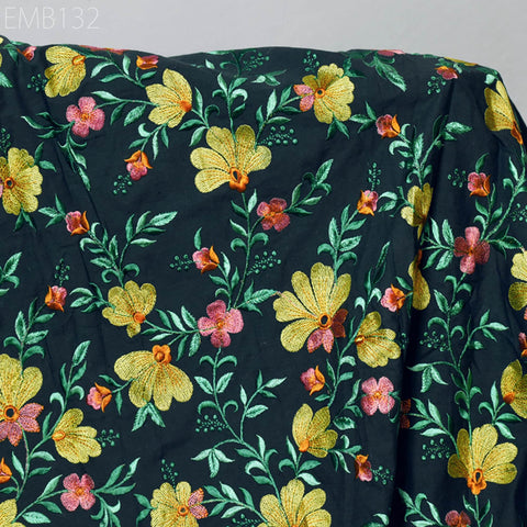 Floral Embroidered Cotton Fabric by the Yard Indian Embroidery Sewing DIY Crafting Women Summer Dresses Costumes Tote Bag Home Decor Curtain