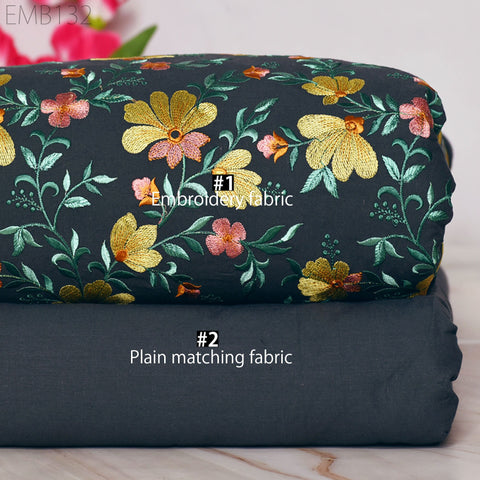 Floral Embroidered Cotton Fabric by the Yard Indian Embroidery Sewing DIY Crafting Women Summer Dresses Costumes Tote Bag Home Decor Curtain